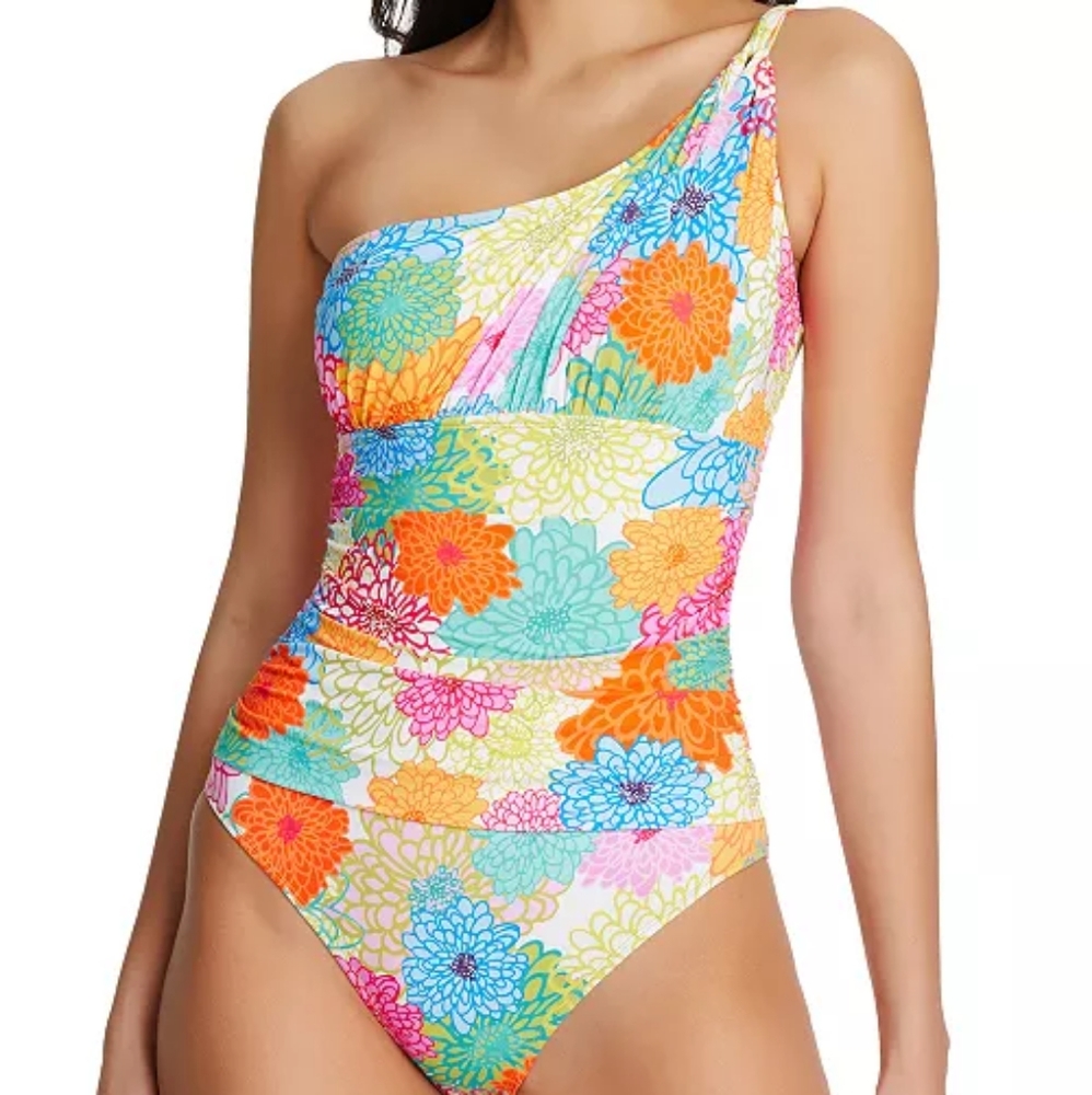 BLEU BY ROD BEATTIE Fresh Picks Printed One-Shoulder One-Piece Swimsuit 16 W NWT